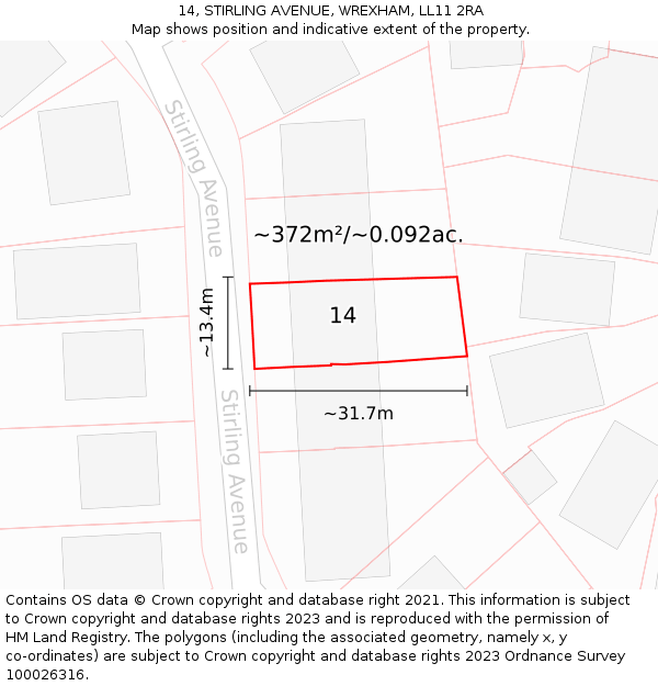 14, STIRLING AVENUE, WREXHAM, LL11 2RA: Plot and title map