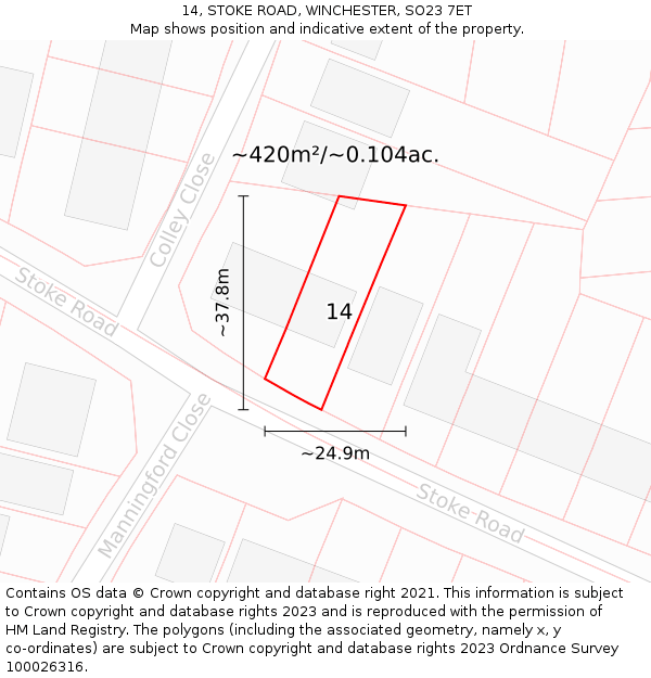 14, STOKE ROAD, WINCHESTER, SO23 7ET: Plot and title map