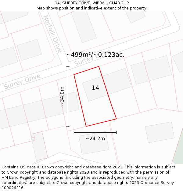 14, SURREY DRIVE, WIRRAL, CH48 2HP: Plot and title map