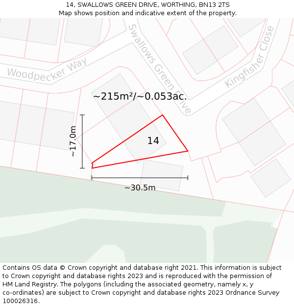 14, SWALLOWS GREEN DRIVE, WORTHING, BN13 2TS: Plot and title map