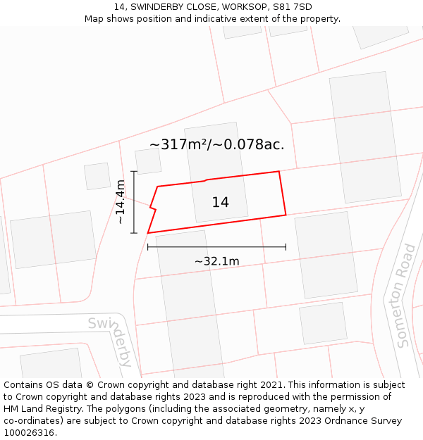 14, SWINDERBY CLOSE, WORKSOP, S81 7SD: Plot and title map