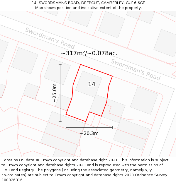 14, SWORDSMANS ROAD, DEEPCUT, CAMBERLEY, GU16 6GE: Plot and title map