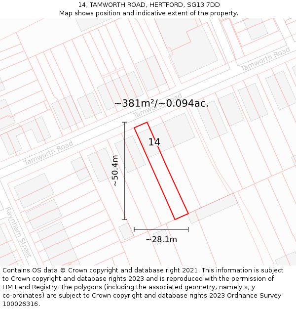 14, TAMWORTH ROAD, HERTFORD, SG13 7DD: Plot and title map