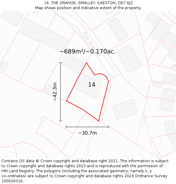 14, THE GRANGE, SMALLEY, ILKESTON, DE7 6JZ: Plot and title map