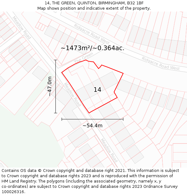 14, THE GREEN, QUINTON, BIRMINGHAM, B32 1BF: Plot and title map