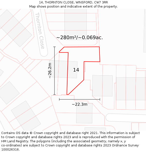 14, THORNTON CLOSE, WINSFORD, CW7 3RR: Plot and title map