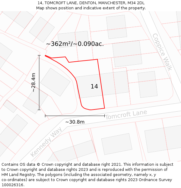 14, TOMCROFT LANE, DENTON, MANCHESTER, M34 2DL: Plot and title map