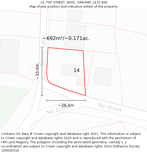 14, TOP STREET, WING, OAKHAM, LE15 8SE: Plot and title map