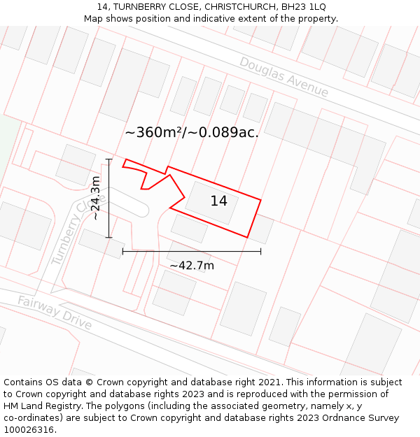 14, TURNBERRY CLOSE, CHRISTCHURCH, BH23 1LQ: Plot and title map