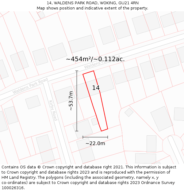 14, WALDENS PARK ROAD, WOKING, GU21 4RN: Plot and title map