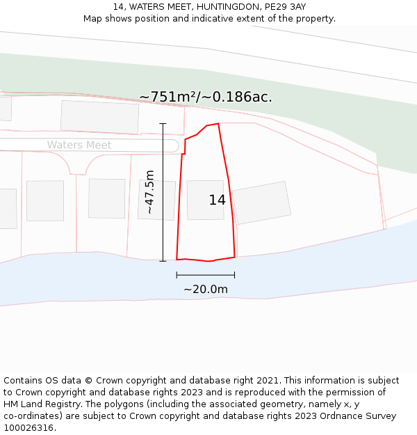 14, WATERS MEET, HUNTINGDON, PE29 3AY: Plot and title map