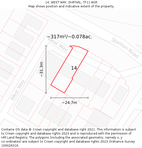 14, WEST WAY, SHIFNAL, TF11 8GR: Plot and title map