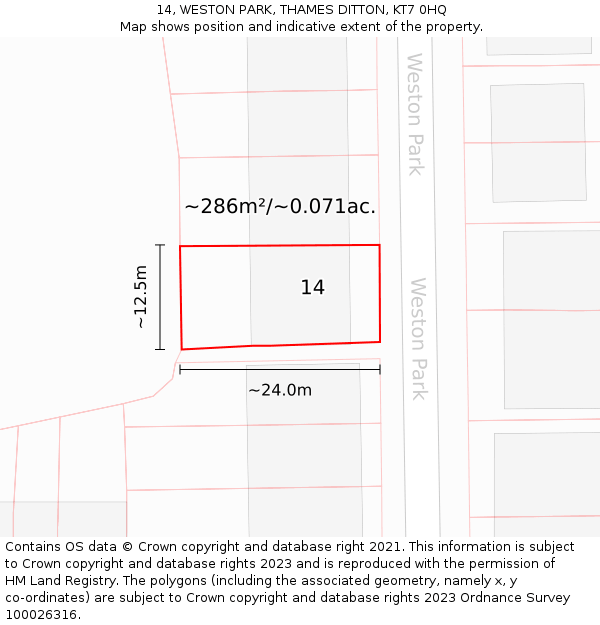 14, WESTON PARK, THAMES DITTON, KT7 0HQ: Plot and title map