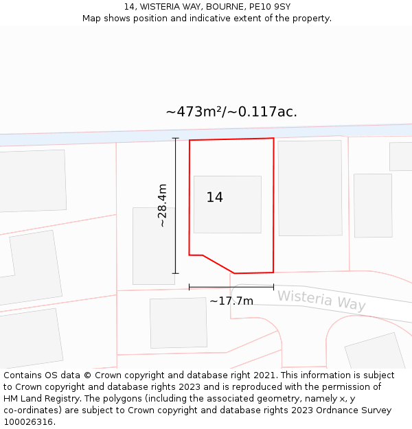 14, WISTERIA WAY, BOURNE, PE10 9SY: Plot and title map