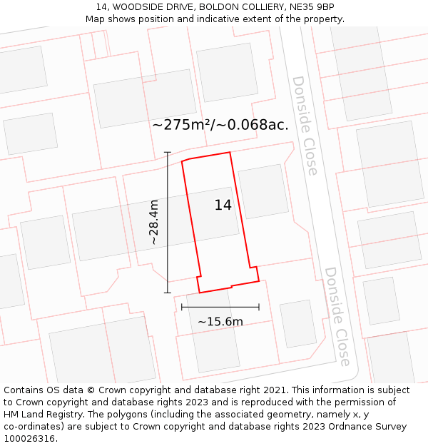 14, WOODSIDE DRIVE, BOLDON COLLIERY, NE35 9BP: Plot and title map