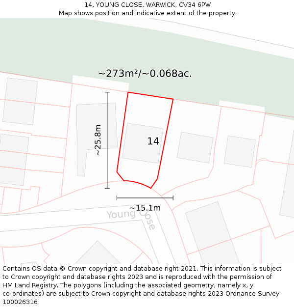 14, YOUNG CLOSE, WARWICK, CV34 6PW: Plot and title map