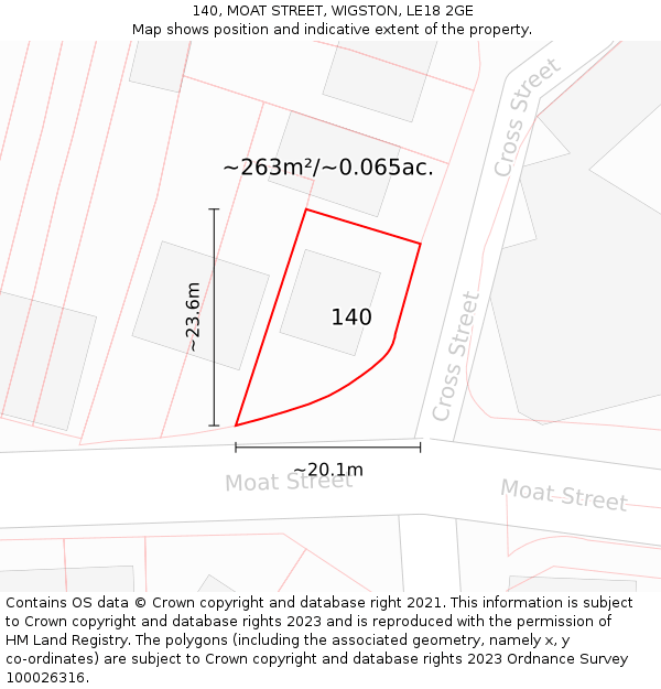 140, MOAT STREET, WIGSTON, LE18 2GE: Plot and title map