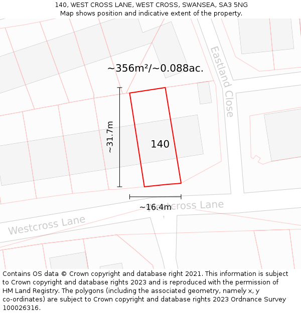 140, WEST CROSS LANE, WEST CROSS, SWANSEA, SA3 5NG: Plot and title map