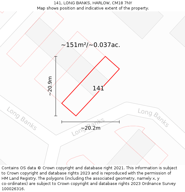 141, LONG BANKS, HARLOW, CM18 7NY: Plot and title map