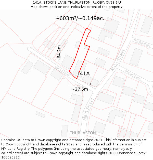 141A, STOCKS LANE, THURLASTON, RUGBY, CV23 9JU: Plot and title map