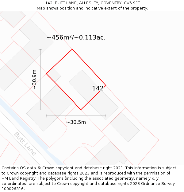 142, BUTT LANE, ALLESLEY, COVENTRY, CV5 9FE: Plot and title map