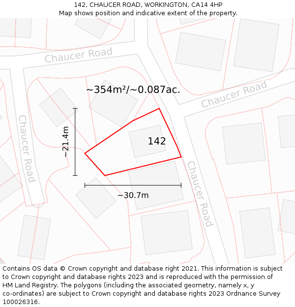142, CHAUCER ROAD, WORKINGTON, CA14 4HP: Plot and title map