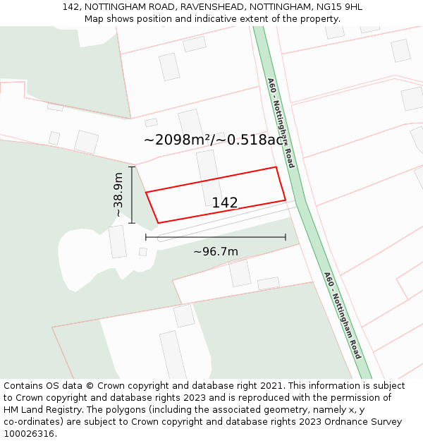 142, NOTTINGHAM ROAD, RAVENSHEAD, NOTTINGHAM, NG15 9HL: Plot and title map