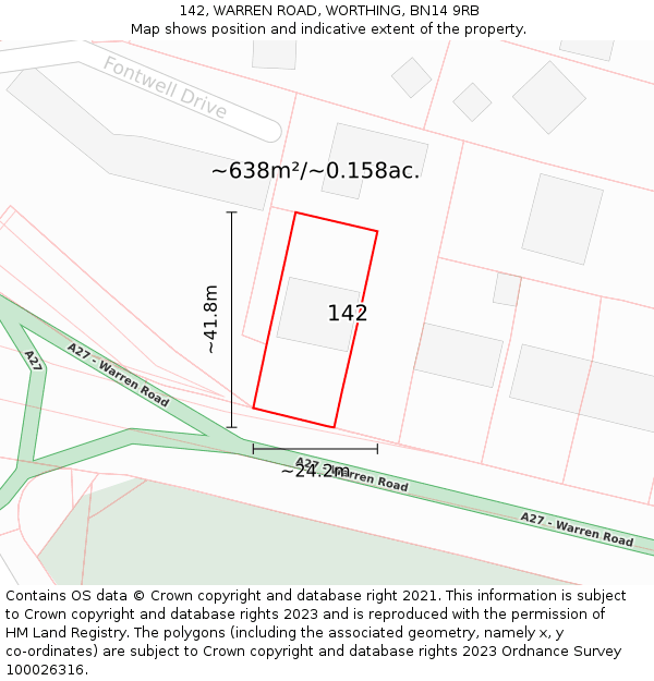 142, WARREN ROAD, WORTHING, BN14 9RB: Plot and title map