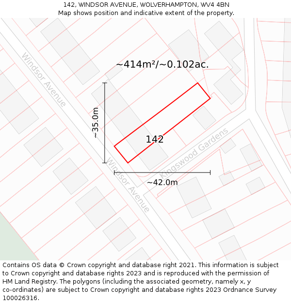 142, WINDSOR AVENUE, WOLVERHAMPTON, WV4 4BN: Plot and title map