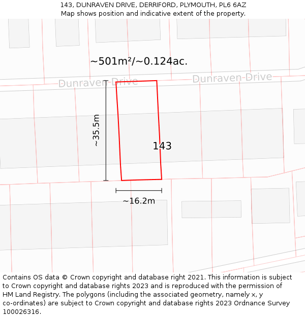 143, DUNRAVEN DRIVE, DERRIFORD, PLYMOUTH, PL6 6AZ: Plot and title map