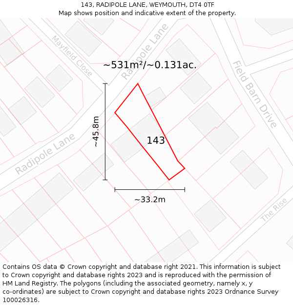 143, RADIPOLE LANE, WEYMOUTH, DT4 0TF: Plot and title map