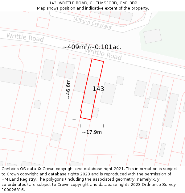 143, WRITTLE ROAD, CHELMSFORD, CM1 3BP: Plot and title map