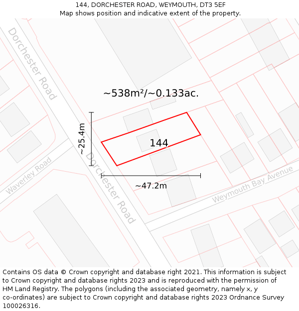 144, DORCHESTER ROAD, WEYMOUTH, DT3 5EF: Plot and title map