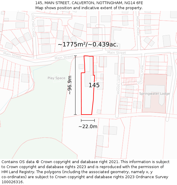 145, MAIN STREET, CALVERTON, NOTTINGHAM, NG14 6FE: Plot and title map