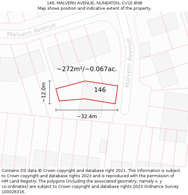 146, MALVERN AVENUE, NUNEATON, CV10 8NB: Plot and title map