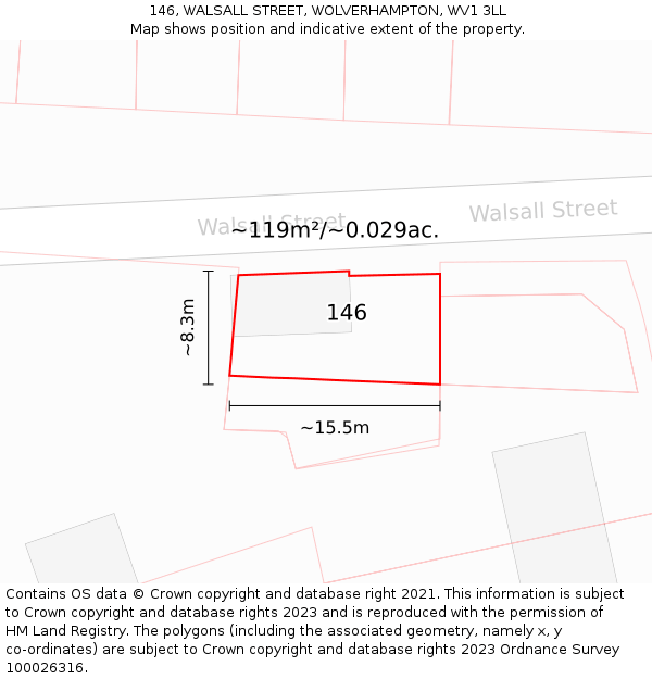 146, WALSALL STREET, WOLVERHAMPTON, WV1 3LL: Plot and title map
