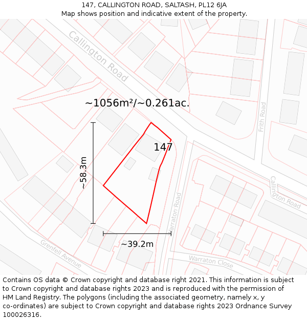 147, CALLINGTON ROAD, SALTASH, PL12 6JA: Plot and title map