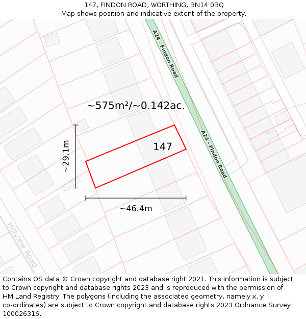 147, FINDON ROAD, WORTHING, BN14 0BQ: Plot and title map