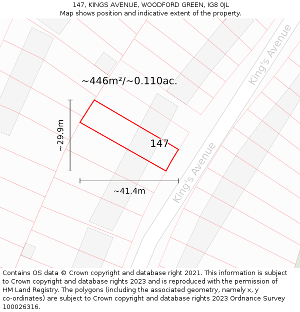 147, KINGS AVENUE, WOODFORD GREEN, IG8 0JL: Plot and title map