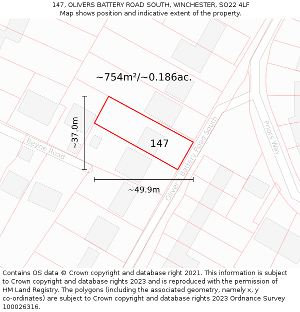 147, OLIVERS BATTERY ROAD SOUTH, WINCHESTER, SO22 4LF: Plot and title map