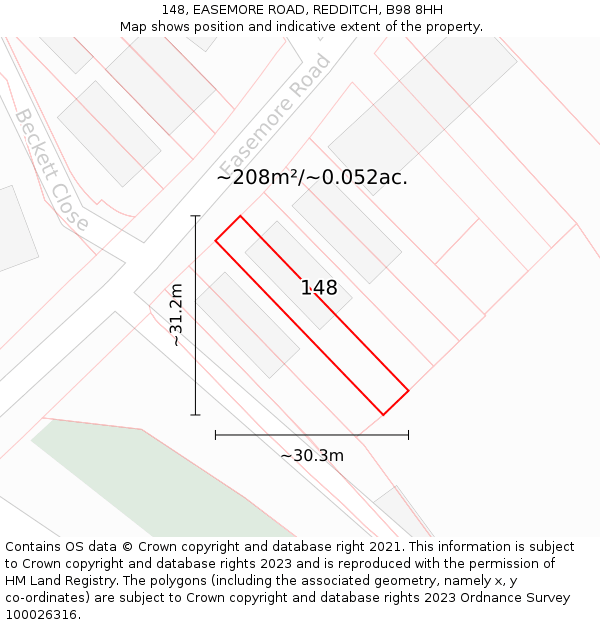 148, EASEMORE ROAD, REDDITCH, B98 8HH: Plot and title map