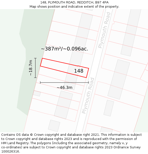 148, PLYMOUTH ROAD, REDDITCH, B97 4PA: Plot and title map