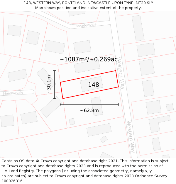 148, WESTERN WAY, PONTELAND, NEWCASTLE UPON TYNE, NE20 9LY: Plot and title map