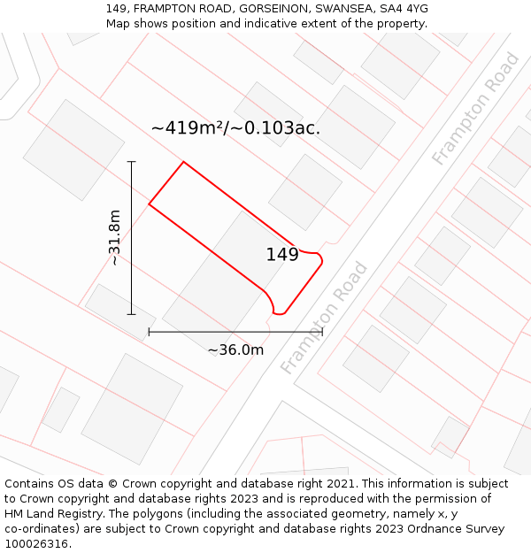 149, FRAMPTON ROAD, GORSEINON, SWANSEA, SA4 4YG: Plot and title map