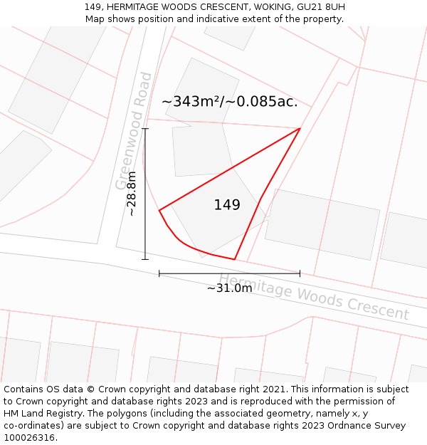 149, HERMITAGE WOODS CRESCENT, WOKING, GU21 8UH: Plot and title map