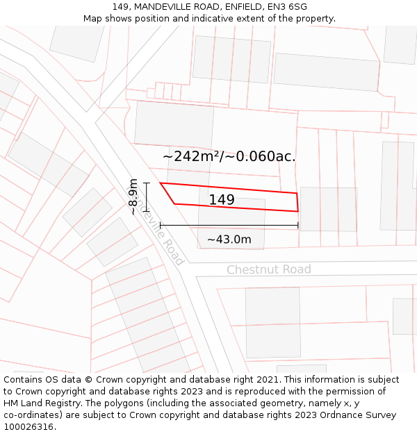 149, MANDEVILLE ROAD, ENFIELD, EN3 6SG: Plot and title map