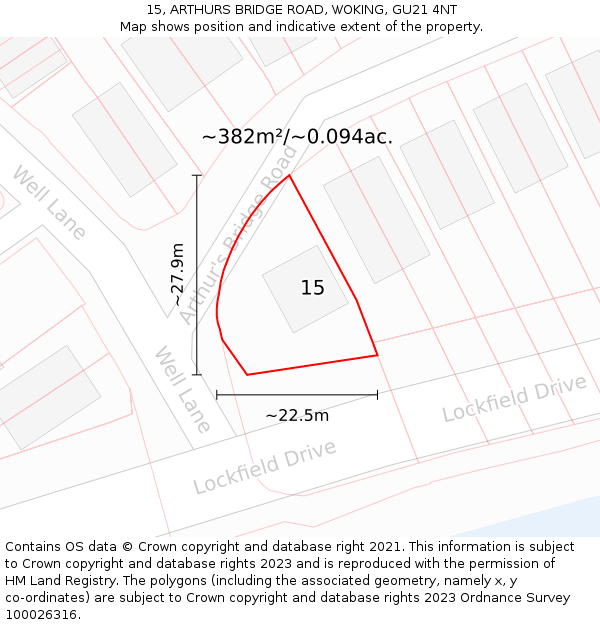 15, ARTHURS BRIDGE ROAD, WOKING, GU21 4NT: Plot and title map