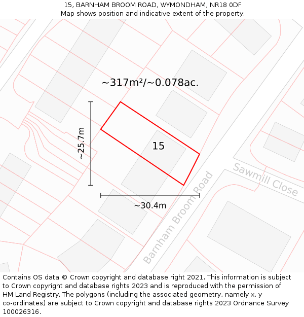 15, BARNHAM BROOM ROAD, WYMONDHAM, NR18 0DF: Plot and title map