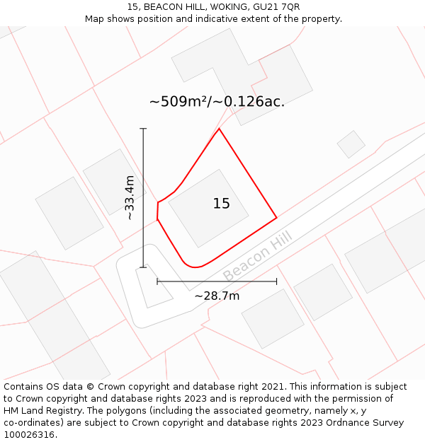 15, BEACON HILL, WOKING, GU21 7QR: Plot and title map