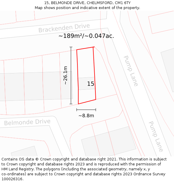 15, BELMONDE DRIVE, CHELMSFORD, CM1 6TY: Plot and title map